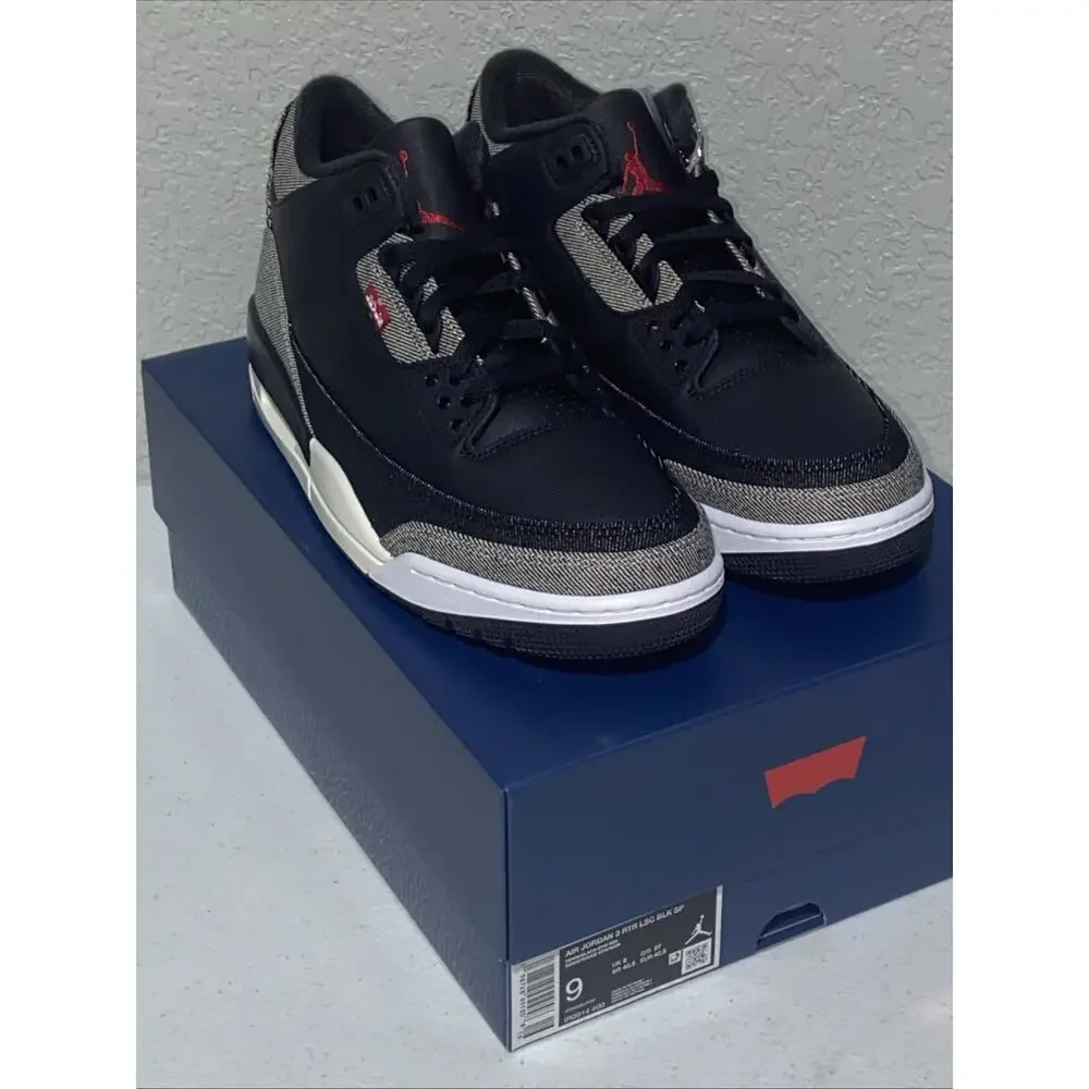 Jordan 3 Retro Levis Black Denim Sneakers IR0914-400 Mens‎ Size 9